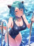  1girl aqua_hair blue_nails blue_one-piece_swimsuit breasts cleavage commission freckles hair_between_eyes highres horns large_breasts medium_hair nanaichi one-piece_swimsuit original outdoors parted_lips pool pool_ladder skeb_commission solo swimsuit water wet wet_clothes wet_hair wet_swimsuit 