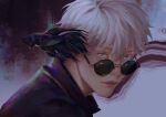  1boy 3aem animal black_jacket blue_eyes closed_mouth english_commentary fish gojou_satoru grey_background highres jacket jujutsu_kaisen looking_at_viewer male_focus round_eyewear short_hair solo sunglasses upper_body white_hair 