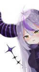 1girl ahoge black_coat black_horns blush braid braided_bangs coat collar commentary_request demon_girl demon_horns fangs fuyutsuki_kei grey_hair highres hololive horns la+_darknesss long_hair looking_at_viewer multicolored_hair parted_lips peeking_out purple_hair purple_horns solo streaked_hair striped_horns virtual_youtuber yellow_eyes 