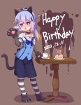  1girl animal_ears animal_hands black_footwear black_gloves black_hairband black_ribbon blue_bow blue_bowtie blue_eyes blue_hair blue_ribbon blue_skirt blue_vest blush bow bowtie bra bra_peek breasts brown_background buttons cake candle chestnut_mouth coffee coffee_cup collarbone collared_shirt commentary_request cup dated disposable_cup dress_shirt elbow_gloves fake_animal_ears food fruit full_body gloves gochuumon_wa_usagi_desu_ka? hair_between_eyes hair_ornament hairband happy_birthday heart heart-shaped_pupils heavy_breathing highres kafuu_chino light_blue_hair long_hair looking_at_viewer mohei multicolored_hair neck_ribbon open_mouth orange_hair partially_unbuttoned paw_gloves paw_shoes ponytail puffy_short_sleeves puffy_sleeves rabbit_house_uniform ribbon saucer shadow shirt short_sleeves sidelocks simple_background skirt small_breasts solo standing strawberry strawberry_shortcake streaked_hair sweat symbol-shaped_pupils table tail two-tone_hair underwear vest white_bra white_shirt x_hair_ornament 