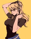  1girl arm_up black_shirt blonde_hair breasts brown_eyes fullmetal_alchemist hand_in_own_hair large_breasts moshimoshibe parted_lips ponytail riza_hawkeye shirt short_sleeves sidelocks simple_background solo tight_clothes tight_shirt upper_body yellow_background 