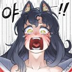  1girl ahri_(league_of_legends) animal_ears artist_name bare_shoulders black_hair blush breasts collarbone d: facial_mark fox_ears league_of_legends lolboja long_hair screaming solo tears teeth tongue translation_request whisker_markings yellow_eyes 