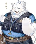  1boy absurdres animal_ears bandaid bandaid_on_face bara belt belt_pouch black_pants blue_eyes blue_fur blue_shirt blush dog_boy dog_ears dog_tail furry furry_male hands_up highres key keyhole kurotero lanyard live_a_hero male_focus open_mouth pants ponytail pouch scope screwdriver shirt simple_background sleeveless sleeveless_jacket solo tail thick_eyebrows upper_body white_fur wrench wristband yohack 