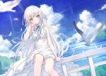  1girl aqua_eyes aqua_ribbon arm_support bird collared_dress dress feathers hand_up light_smile long_hair looking_at_viewer neck_ribbon on_railing original railing ribbon seagull shiro_youduki sitting sky sleeveless sleeveless_dress solo very_long_hair watercolor_background white_dress white_hair 