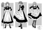  3girls apron ascot border broom character_request check_character closed_eyes closed_mouth curtsey daisy_(eiyuu_densetsu) dated eiyuu_densetsu facing_viewer full_body grey_background greyscale grin hand_on_hip holding holding_broom juliet_sleeves long_sleeves looking_at_viewer lotte_(eiyuu_densetsu) maid maid_headdress mary_janes monochrome multiple_girls pantyhose puffy_sleeves sariffa_(eiyuu_densetsu) sen_no_kiseki sen_no_kiseki_ii sen_no_kiseki_iii shoes short_hair signature simple_background sleeve_cuffs smile two-tone_background waist_apron werkbau white_border 