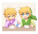  2boys ^^^ blonde_hair blue_eyes border bowl brown_background cereal closed_eyes commentary commentary_request drooling enni flying_sweatdrops food green_headwear green_shirt green_tunic hair_between_eyes hand_up hat head_rest holding holding_spoon link long_sleeves looking_at_another male_focus messy_hair milk milk_carton mouth_drool multiple_boys open_mouth outline parted_bangs pointy_ears pouring purple_shirt purple_tunic shirt short_hair sidelocks simple_background sleepy spill spoon striped striped_background swept_bangs symbol-only_commentary the_legend_of_zelda the_legend_of_zelda:_four_swords tunic white_border white_outline wide-eyed zzz 