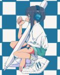  1girl apple_pencil aqua_shorts arm_between_legs artist_name bandaid bandaid_on_cheek bandaid_on_face bandaid_on_knee bandaid_on_leg between_legs black_hair blue_background checkered_background clothes_writing from_side full_body hand_up headphones heel_up highres leg_tattoo medium_hair nao97122 original oversized_object profile shirt shirt_tucked_in shoes short_sleeves shorts sidelocks sneakers socks solo squatting stylus t-shirt tattoo thumb_to_mouth white_footwear white_shirt white_socks 