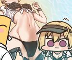  1boy 1girl beach bikini blonde_hair blood blush denim denim_shorts flying_sweatdrops idolmaster idolmaster_shiny_colors jazz_jack midriff navel nosebleed ocean p-head_producer producer_(idolmaster) ribs saijo_juri shirt short_hair shorts swimsuit thumbs_up tied_shirt 