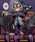  1girl :d absurdres arm_behind_head armor black_gloves black_thighhighs blush breasts brown_eyes chain commission fate/grand_order fate_(series) feet ga320aaa gauntlets gloves grey_hair heart helmet highres jeanne_d&#039;arc_alter_(avenger)_(fate) jeanne_d&#039;arc_alter_(fate) pixiv_commission short_hair sitting smile solo spoken_heart spread_legs teeth thighhighs 