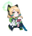  1girl animal_ear_headphones animal_ears b.t._(boob_tong) black_thighhighs blonde_hair blue_archive blue_bow blush bow cat_ear_headphones chibi controller fake_animal_ears full_body game_controller green_eyes hair_bow halo handheld_game_console headphones holding holding_handheld_game_console looking_at_viewer midori_(blue_archive) simple_background solo thighhighs white_background zettai_ryouiki 