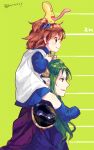  1boy 1girl aged_down arle_nadja artist_name blue_dress brown_hair cape carbuncle_(puyopuyo) carrying carrying_person child creature creature_on_head demon_boy demon_horns dress fang female_child from_side green_background green_hair hair_bobbles hair_ornament height_chart horn_grab horns kuroda_(kuro_yyy) long_hair long_sleeves long_tongue medium_hair open_mouth orange_eyes pointy_ears purple_cape puyopuyo red_eyes satan_(puyopuyo) shoulder_carry sidelocks simple_background smile tongue twitter_username very_long_tongue 