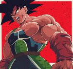  1boy arm_warmers armor bardock bare_shoulders biceps black_eyes black_hair blood border broken_armor bure_(fantasticyouth7) commentary dragon_ball dragon_ball_z headband looking_away male_focus muscular muscular_male open_mouth outside_border pectorals red_background red_headband saiyan_armor scar scar_on_cheek scar_on_face scratches simple_background solo spiked_hair teeth torn_clothes upper_body v-shaped_eyebrows veins white_border 