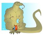  anthro bulge clothing crouching dragondrawer hi_res lizard long_tongue male reptile scalie solo speedo swimwear tongue tongue_out 