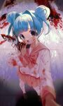  1girl absurdres blood blood_on_clothes blood_on_face blood_on_ground blood_on_hands blood_on_knife blue_hair blunt_bangs bow bowtie double_bun from_above full_body hair_bun hair_intakes hair_ribbon highres holding holding_knife knife loafers long_sleeves open_mouth original purple_eyes reaching reaching_towards_viewer ribbon school_uniform serafuku shoes smile socks solo yuiitsu 