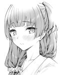  1girl blunt_bangs blush closed_mouth greyscale hair_ornament hair_over_shoulder hair_scrunchie idolmaster idolmaster_shiny_colors mayuzumi_fuyuko medium_hair monochrome mushi024 portrait scrunchie sketch solo 