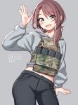  1girl absurdres black_pants blue_background blue_eyes blue_sweater borrowed_character brown_hair camouflage chest_rig highres kzm_(sub-moa_works) long_sleeves looking_at_viewer low_twintails magazine_(weapon) midriff navel original pants smile solo sweater twintails waving woodland_camouflage 