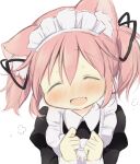  1girl animal_ear_fluff animal_ears blush cat_ears closed_eyes commentary_request facing_viewer highres hitode juliet_sleeves kaname_madoka long_sleeves mahou_shoujo_madoka_magica maid maid_headdress open_mouth puffy_sleeves short_twintails simple_background solo twintails upper_body white_background 