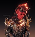  1girl armor artist_name baldur&#039;s_gate baldur&#039;s_gate_3 black_hair closed_eyes closed_mouth colored_skin demon_horns dungeons_and_dragons eyebrow_piercing fire gradient_background horns karlach_(baldur&#039;s_gate) light_particles lips nose_piercing nose_ring piercing pointy_ears red_hair red_skin solo sunsetagain tiefling tooth_earrings upper_body 