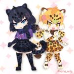  2girls animal_ears black_hair black_jaguar_(kemono_friends) blonde_hair blue_eyes bow bowtie elbow_gloves extra_ears gloves jaguar_(kemono_friends) jaguar_ears jaguar_girl jaguar_print jaguar_tail kemono_friends kikuchi_milo kneehighs looking_at_viewer multiple_girls shirt shoes short_hair skirt socks tail yellow_eyes 