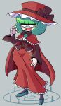  1girl blunt_bangs dress fang frilled_cape frilled_dress frilled_hat frills full_body green_eyes green_footwear green_hair grey_background hat highres kagiyama_hina kevin_arthur long_sleeves puffy_long_sleeves puffy_sleeves red_dress red_headwear sharp_teeth solo teeth touhou vampire 