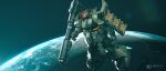  3d aboutcg artist_logo bazooka_(gundam) collaboration concept_art earth_(planet) glowing glowing_eye gundam highres in_orbit machinery mecha mobile_suit no_humans one-eyed original planet realistic robot science_fiction signature space starry_background zeon zivix_zhang 
