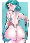  1girl absurdres aqua_bodysuit aqua_eyes aqua_gemstone aqua_hair arion_canvas bishoujo_senshi_sailor_moon bodysuit circlet earrings hands_on_own_ass highres impossible_bodysuit impossible_clothes impossible_leotard jewelry leotard lips long_hair looking_back revision sailor_neptune skin_tight smile solo stud_earrings taimanin_(series) taimanin_suit wavy_hair 