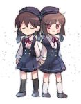  2girls black_headwear black_skirt black_socks brown_hair chara_(undertale) closed_eyes closed_mouth frisk_(undertale) holding_hands long_sleeves looking_at_viewer multiple_girls red_eyes red_ribbon ribbon shirt simple_background skirt smile socks undertale white_background white_shirt white_socks xox_xxxxxx 