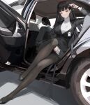  1girl absurdres black_hair black_jacket black_pantyhose black_skirt blazer blue_archive breasts car car_interior closed_mouth expressionless full_body gong_cha halo highres id_card jacket large_breasts long_hair looking_at_viewer motor_vehicle pantyhose pleated_skirt red_eyes rio_(blue_archive) sitting skirt sweater tire turtleneck turtleneck_sweater very_long_hair white_sweater 