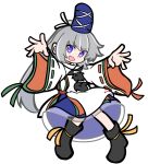  1girl black_footwear blue_eyes blue_headwear commentary grey_hair hat japanese_clothes kariginu long_hair long_sleeves mononobe_no_futo parody ponytail puyopuyo ribbon-trimmed_sleeves ribbon_trim shinmon_akika solo style_parody tate_eboshi touhou wide_sleeves 