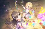  2girls bare_shoulders blonde_hair blunt_bangs bracelet breasts brown_eyes brown_hair collarbone dress eyelashes falling_petals feet_out_of_frame flower from_above full_body game_cg grey_dress grey_eyes hair_ornament hair_over_one_eye hands_up idolmaster idolmaster_cinderella_girls idolmaster_cinderella_girls_starlight_stage jewelry kobayakawa_sae long_hair looking_at_viewer multicolored_clothes multicolored_dress multiple_girls official_art open_mouth outdoors parted_bangs petals pink_dress purple_dress shadow shirasaka_koume short_dress small_breasts smile standing 