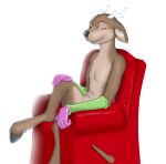  2013 anthro antlers brown_body brown_fur chair deer digital_media_(artwork) featureless_chest fur furniture hi_res hooves horn male mammal navel nude on_chair one_eye_closed recliner scruffythedeer simple_background sitting smile solo white_antlers wink 