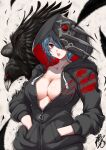  1girl absurdres bird black_hair black_jacket breasts cleavage crow feathers hands_in_pockets highres honkai_(series) honkai_impact_3rd hood hoodie jacket kirimoto_takamitsu long_sleeves looking_at_viewer mole mole_under_mouth naked_hoodie naked_jacket name_connection open_mouth raven_(honkai_impact) red_eyes short_hair solo upper_body zipper zipper_pull_tab 