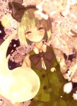  1girl arm_behind_back black_bow black_bowtie black_hairband black_ribbon blurry blurry_foreground bob_cut bow bow_hairband bowtie branch buttons cherry_blossoms collared_shirt falling_petals green_eyes green_skirt green_vest grey_hair hair_ribbon hairband hitodama_print kaede_rin konpaku_youmu konpaku_youmu_(ghost) looking_at_viewer petals puffy_short_sleeves puffy_sleeves ribbon shirt short_hair short_sleeves skirt skirt_set smile solo touhou upper_body vest white_shirt 