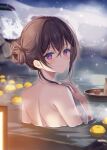  1girl back brown_hair choko_(cup) closed_mouth commentary_request covering cup food from_behind fruit hair_between_eyes hair_bun hand_up highres looking_at_viewer looking_back myusha night nude_cover onsen original outdoors purple_eyes signature smile snow solo tokkuri towel water yuzu_(fruit) yuzu_bath 