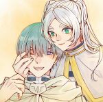  1boy 1girl ;d blue_hair capelet earrings elf frieren green_eyes hetero himmel_(sousou_no_frieren) jewelry kesyeru light_smile looking_at_viewer mole mole_under_eye one_eye_closed pointy_ears smile sousou_no_frieren upper_body white_hair 