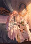  2girls babykatafan bed boots closed_eyes dress fingerless_gloves fire_emblem fire_emblem:_thracia_776 gloves green_hair highres hood linoan_(fire_emblem) multiple_girls on_bed outstretched_arm painting_(object) pink_hair safy_(fire_emblem) thigh_boots tying tying_footwear white_dress white_footwear yuri 