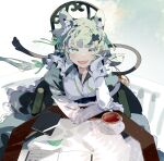  1girl :d animal_ears blush book breasts chair cup fang frills gloves green_eyes green_hair karei leaf looking_at_viewer maid open_book open_mouth original pen saucer sitting smile solo tail tea teacup white_gloves wrist_cuffs 