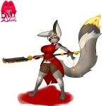  1:1 2022 absurd_res anthro big_ears big_tail biped breasts brown_clothing canid canine claws clothing felicity_(trickymage) female fennec fire flaming_tail fox fur fur_markings gloves_(marking) grey_body grey_ears grey_fur grey_hair grey_tail hair hi_res holding_object holding_weapon leg_markings mammal markings multicolored_body multicolored_ears multicolored_fur paws red_clothing socks_(marking) solo succubusbnny tail topwear two_tone_body two_tone_ears two_tone_fur two_tone_tail weapon white_body white_clothing white_ears white_fur white_tail 