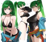  1girl absurdres alternate_costume alternate_hairstyle bikini breasts earrings fire_emblem fire_emblem:_the_blazing_blade green_eyes green_hair hair_down high_ponytail highres jewelry large_breasts long_hair looking_at_viewer lyn_(fire_emblem) one-piece_swimsuit ormille ponytail solo swimsuit very_long_hair wet 