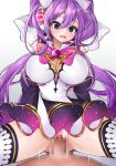  1boy 1girl aisha_landar arms_behind_head ass_visible_through_thighs back_bow blush bow breasts brooch censored cowgirl_position dot_nose dress elbow_gloves elsword girl_on_top gloves gradient_background hair_ornament head_tilt hetero jewelry large_breasts long_hair looking_at_viewer magical_girl metamorphy_(elsword) mosaic_censoring motion_lines no_panties open_mouth penis pink_bow purple_bow purple_eyes purple_hair raised_eyebrows rape sex short_dress simple_background spread_legs straddling sula_(s_ra760) thighhighs twintails vaginal white_background white_dress white_gloves 