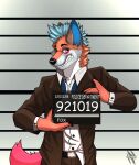  anderfox anthro blue_body blue_fur blue_hair brown_body brown_fur canid canine clothing dreamworks fox fur green_eyes grey_body grey_fur hair hi_res kobi_seika male male/male mammal mohawk orange_body orange_fur prison red_body red_fox red_fur red_tail solo suit tail teeth the_bad_guys white_body white_fur 