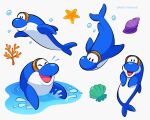  animal artist_name closed_eyes coral dolphin goggles goggles_on_head highres mario_(series) multiple_views no_humans open_mouth shell simple_background starfish vinny_(dingitydingus) water white_background 