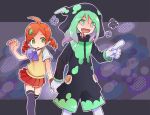  1boy 1girl andou_ringo aqua_eyes aqua_hair drill_hair ecolo_(puyopuyo) gloves green_eyes holding_hands hyou long_hair open_mouth puyopuyo red_hair red_skirt school_uniform skirt strange_ecolo white_gloves 