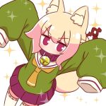  1girl animal_ear_fluff animal_ears arms_up bell blonde_hair blush brown_collar collar commentary_request fox_ears fox_girl fox_tail green_shirt hair_between_eyes hair_bun hair_ornament highres jingle_bell kemomimi-chan_(naga_u) long_sleeves looking_at_viewer naga_u neck_bell original pleated_skirt purple_eyes purple_skirt ribbon-trimmed_legwear ribbon_trim sailor_collar shirt simple_background skirt sleeves_past_fingers sleeves_past_wrists solo sparkle standing tail thighhighs v-shaped_eyebrows white_background white_sailor_collar white_thighhighs 