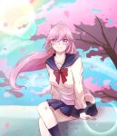  1girl breasts brown_eyes cherry_blossoms closed_mouth crossed_legs crying crying_with_eyes_open highres kazuwaya long_hair looking_at_viewer pleated_skirt ponytail sailor_collar saionji_reimi school_uniform sitting skirt smile solo star_ocean star_ocean_the_last_hope tears tree 