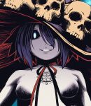  1girl black_hair black_sclera blue_background breasts bright_pupils close-up colored_sclera colored_skin grin hat looking_at_viewer magic_circle neck_ribbon nude original red_ribbon ribbon short_hair skull small_breasts smile solo teeth wang-pac white_pupils white_skin witch witch_hat 
