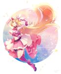  1girl belt blonde_hair bow bowtie cure_butterfly floating floating_hair highres hijiri_ageha hirogaru_sky!_precure lanzhu navel one_eye_closed pink_bow pink_bowtie precure red_eyes smile v white_bow white_bowtie 