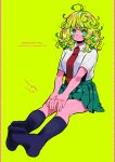  1girl ahoge alternate_skin_color anna_(aannnaa3) blue_socks blush_stickers boku_no_hero_academia breasts character_name collared_shirt colored_eyelashes colored_skin curly_hair fingernails green_background green_hair green_skirt hagakure_tooru hair_between_eyes happy highres kneehighs looking_at_viewer medium_breasts medium_hair messy_hair multicolored_hair necktie no_shoes outstretched_arms outstretched_legs own_hands_together pigeon-toed pillarboxed pink_hair pink_skin pleated_skirt red_necktie school_uniform shirt short_sleeves sideways_glance simple_background sitting skirt smile socks solo streaked_hair summer_uniform thick_eyelashes u.a._school_uniform unusually_visible v_arms white_shirt wing_collar 