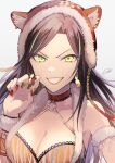  1girl animal_ears animal_hood arm_guards bare_shoulders black_hair bracelet breasts brown_hair cleavage collarbone dress earrings fake_animal_ears fur-trimmed_dress fur_armlet fur_bracelet fur_trim green_eyes grin hood idolmaster idolmaster_cinderella_girls idolmaster_cinderella_girls_starlight_stage jewelry large_breasts long_hair looking_at_viewer mukai_takumi open_mouth parted_bangs red_nails ring sako_misaki signature simple_background smile solo v-shaped_eyebrows white_background 