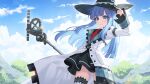  1girl binato_lulu blue_eyes blue_hair day hat long_hair looking_at_viewer mages. miniskirt mole mole_under_eye necktie neptune_(series) outdoors puffy_sleeves red_necktie skirt smile solo staff thighhighs witch_hat 
